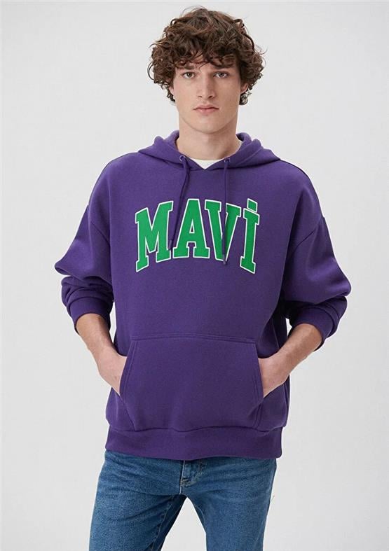 Mavi M067149-70693 Canlı Mor Erkek Oversize Kapuşonlu Logo Sweatshirt
