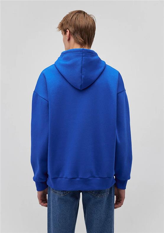 Mavı M067149-70896 Saks Mavı Erkek Oversıze Kapusonlu Mavı Logo Baskılı Sweatshırt