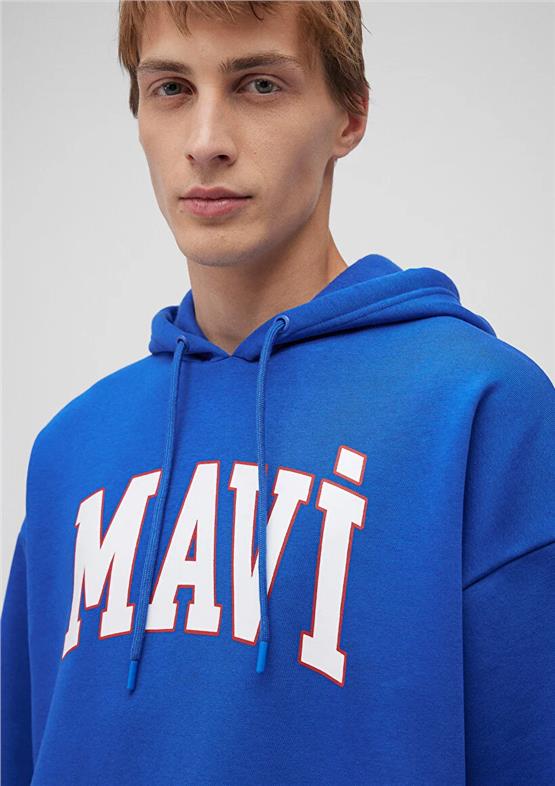 Mavı M067149-70896 Saks Mavı Erkek Oversıze Kapusonlu Mavı Logo Baskılı Sweatshırt