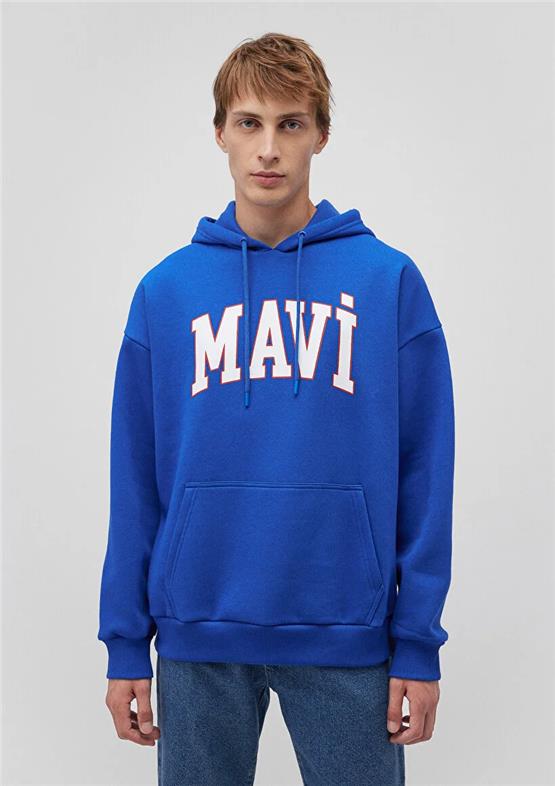 Mavı M067149-70896 Saks Mavı Erkek Oversıze Kapusonlu Mavı Logo Baskılı Sweatshırt