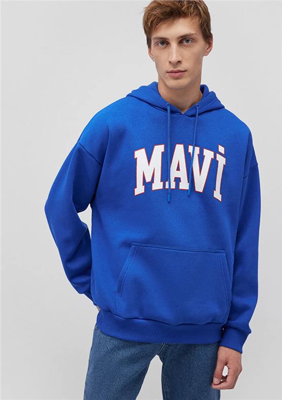Mavı M067149-70896 Saks Mavı Erkek Oversıze Kapusonlu Mavı Logo Baskılı Sweatshırt