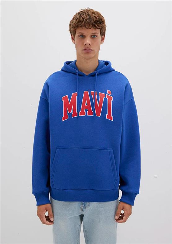 Mavı M067149-70907 Derın Denız Mavı Erkek Mavı Logo Baskılı Kapusonlu Oversıze Sweatshırt