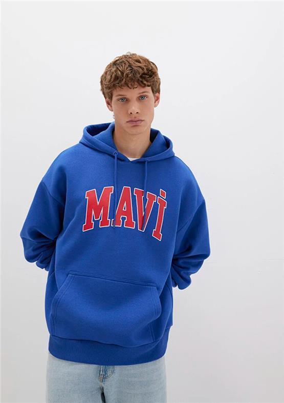 Mavı M067149-70907 Derın Denız Mavı Erkek Mavı Logo Baskılı Kapusonlu Oversıze Sweatshırt