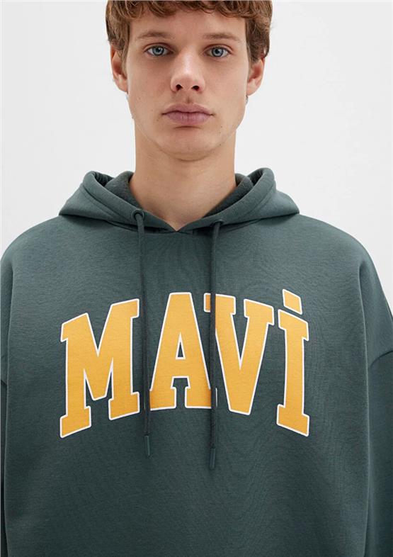 Mavı M067149-71598 Yosun Yesılı Erkek Mavı Logo Baskılı Kapusonlu Oversıze Sweatshırt