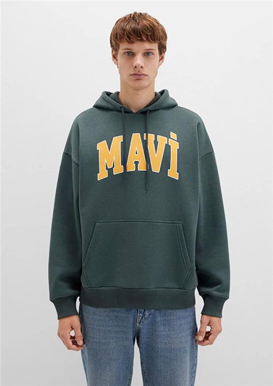 Mavı M067149-71598 Yosun Yesılı Erkek Mavı Logo Baskılı Kapusonlu Oversıze Sweatshırt