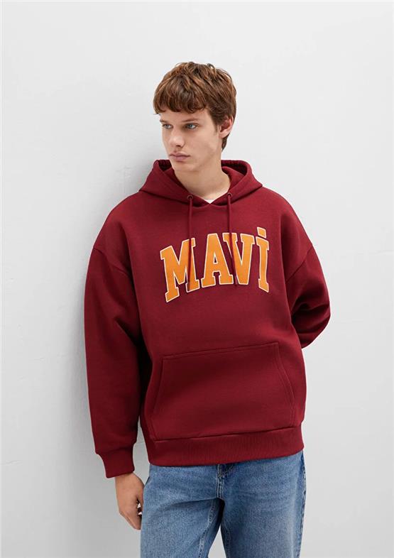 Mavı M067149-85493 Koyu Bordo Erkek Mavı Logo Baskılı Kapusonlu Oversıze Sweatshırt