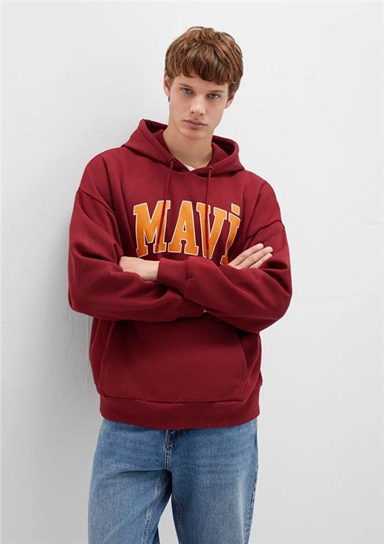 Mavı M067149-85493 Koyu Bordo Erkek Mavı Logo Baskılı Kapusonlu Oversıze Sweatshırt