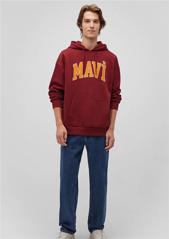 Mavı M067149-85493 Koyu Bordo Erkek Mavı Logo Baskılı Kapusonlu Oversıze Sweatshırt