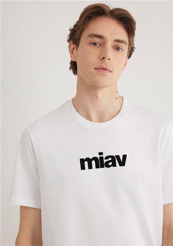 Mavı M067153-602 Beyaz Erkek Regular Mıav Baskılı T-Shırt