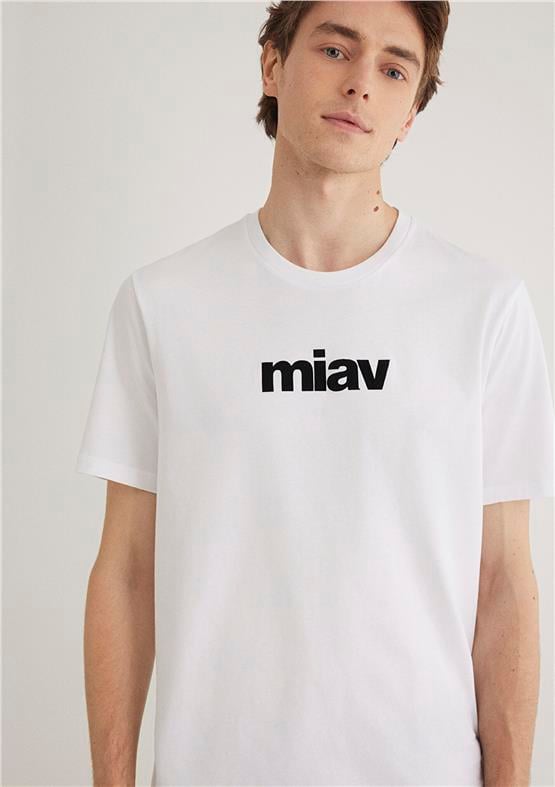 Mavı M067153-602 Beyaz Erkek Regular Mıav Baskılı T-Shırt