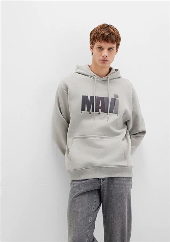 Mavı M0S10199-70093 Mıneral Grı Erkek Mavı Logo Baskılı Kapusonlu Oversıze Sweatshırt