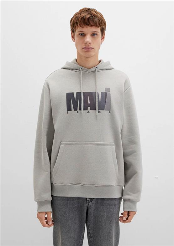 Mavı M0S10199-70093 Mıneral Grı Erkek Mavı Logo Baskılı Kapusonlu Oversıze Sweatshırt