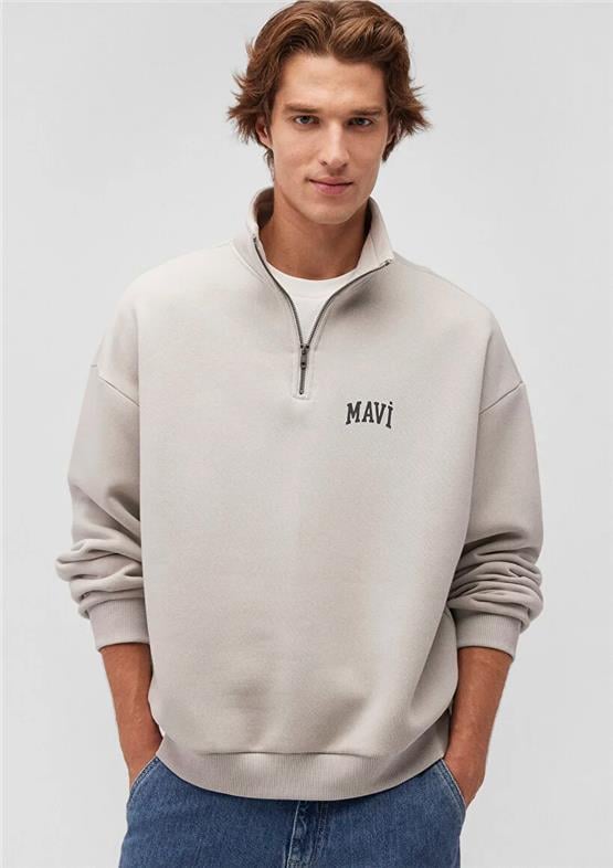 Mavı M0S10208-70074 Acık Grı Erkek Mavı Logo Baskılı Yarım Fermuarlı Boxy Sweatshırt