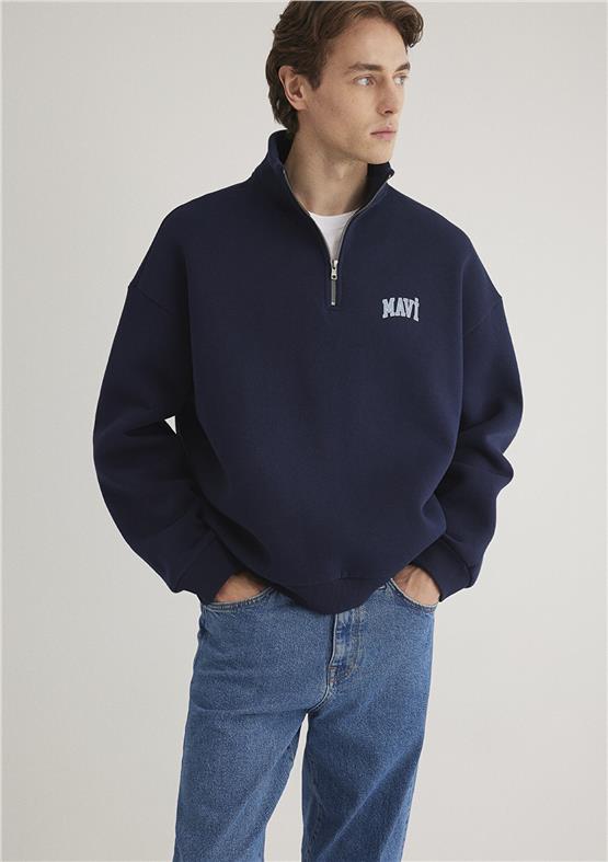 Mavı M0S10208-70497 Derın Lacıvert Erkek Boxy Yarım Fermuarlı Logo Sweatshırt