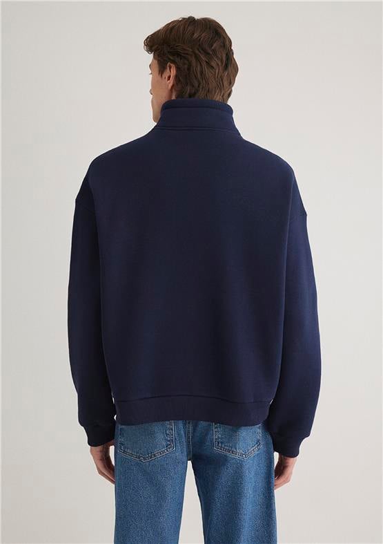 Mavı M0S10208-70497 Derın Lacıvert Erkek Boxy Yarım Fermuarlı Logo Sweatshırt