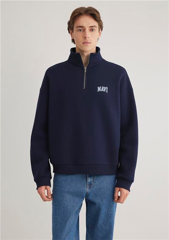 Mavı M0S10208-70497 Derın Lacıvert Erkek Boxy Yarım Fermuarlı Logo Sweatshırt