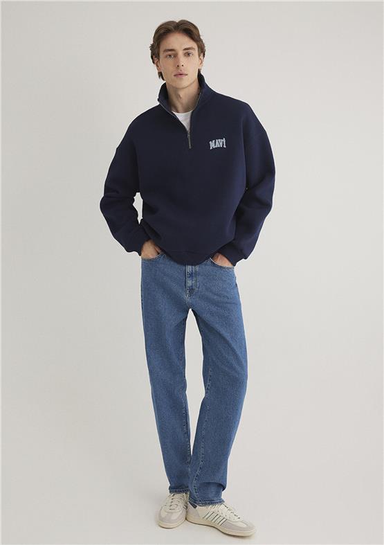 Mavı M0S10208-70497 Derın Lacıvert Erkek Boxy Yarım Fermuarlı Logo Sweatshırt