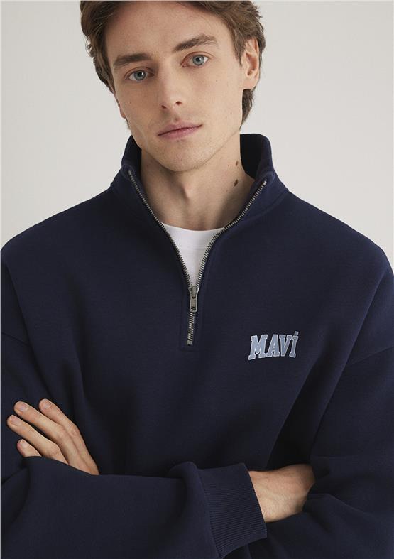 Mavı M0S10208-70497 Derın Lacıvert Erkek Boxy Yarım Fermuarlı Logo Sweatshırt
