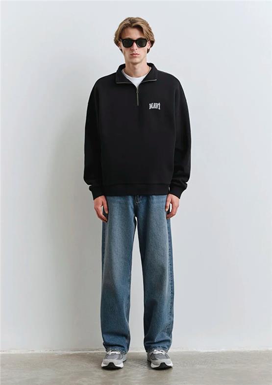 Mavı M0S10208-900 Sıyah Erkek Mavı Logo Baskılı Yarım Fermuarlı Boxy Sweatshırt