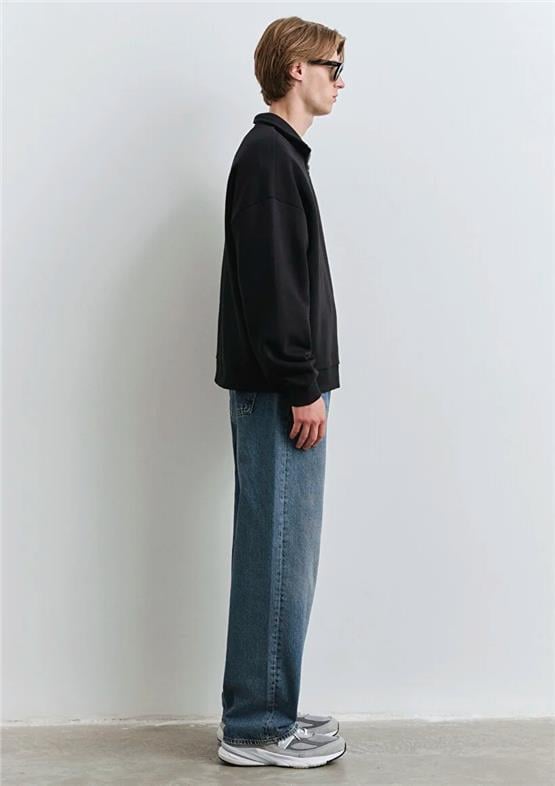 Mavı M0S10208-900 Sıyah Erkek Mavı Logo Baskılı Yarım Fermuarlı Boxy Sweatshırt