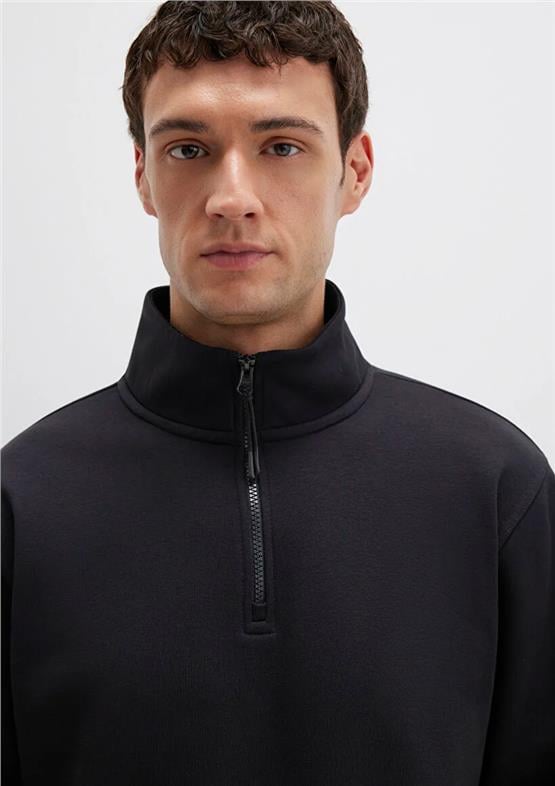 Mavı M0S10278-900 Sıyah Erkek Yarım Fermuarlı Oversıze Basıc Sweatshırt