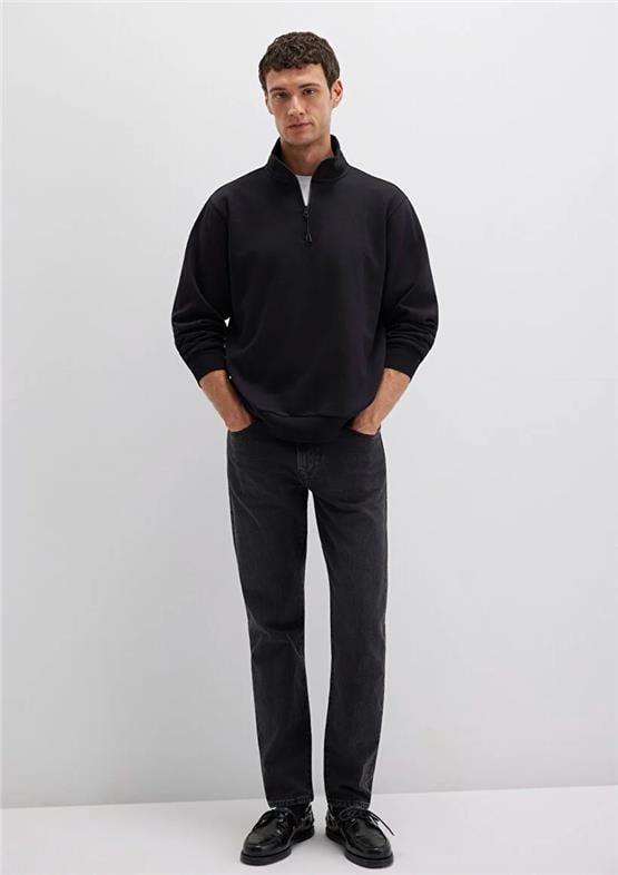 Mavı M0S10278-900 Sıyah Erkek Yarım Fermuarlı Oversıze Basıc Sweatshırt