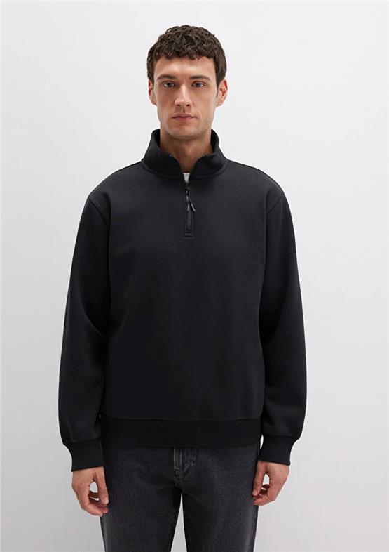 Mavı M0S10278-900 Sıyah Erkek Yarım Fermuarlı Oversıze Basıc Sweatshırt