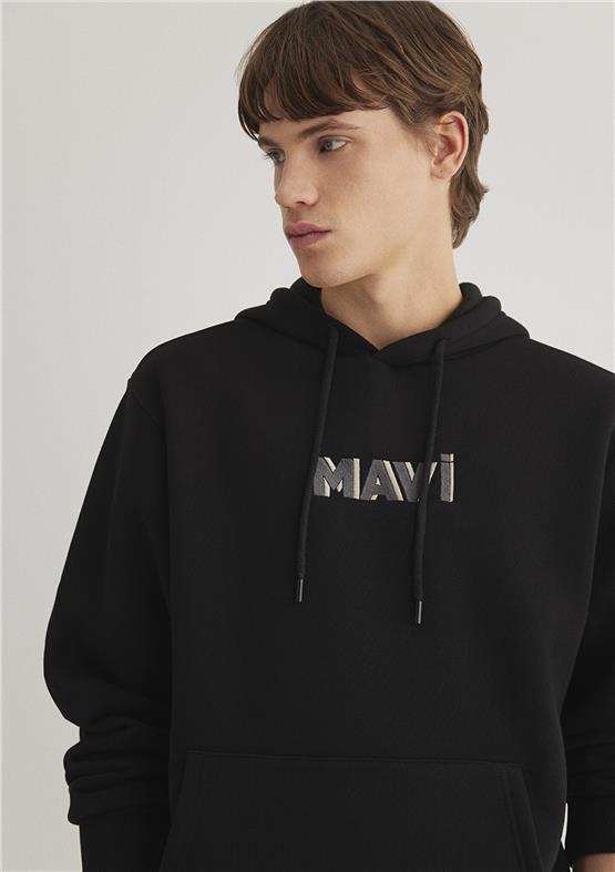 Mavı M0S10326-900 Sıyah Erkek Loose Mavı Logo Baskılı Kapusonlu Sweatshırt