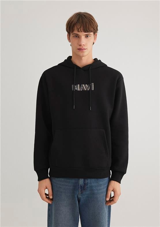 Mavı M0S10326-900 Sıyah Erkek Loose Mavı Logo Baskılı Kapusonlu Sweatshırt