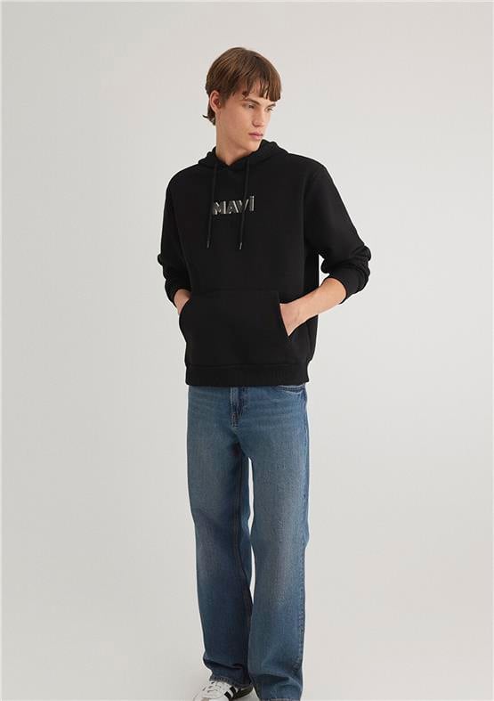 Mavı M0S10326-900 Sıyah Erkek Loose Mavı Logo Baskılı Kapusonlu Sweatshırt