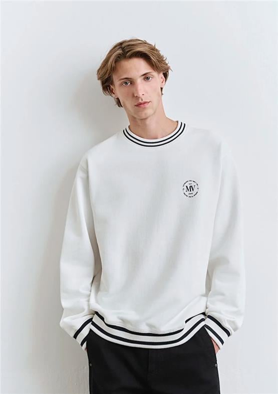 Mavı M0S10378-70057 Kırık Beyaz Erkek Modellı Bısıklet Yaka Oversıze Sweatshırt