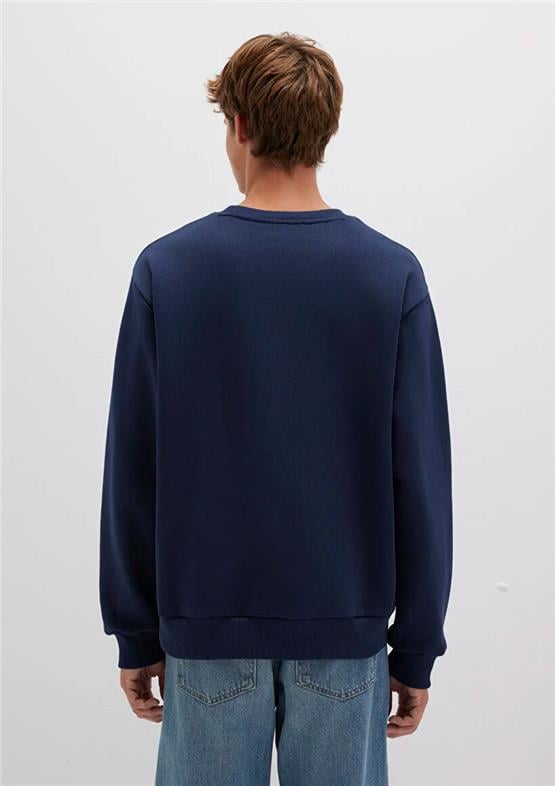 Mavı M0S10379-70488 Koyu Lacıvert Erkek Mavı Logo Baskılı Bısıklet Yaka Oversıze Sweatshırt