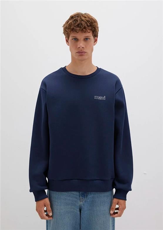 Mavı M0S10379-70488 Koyu Lacıvert Erkek Mavı Logo Baskılı Bısıklet Yaka Oversıze Sweatshırt