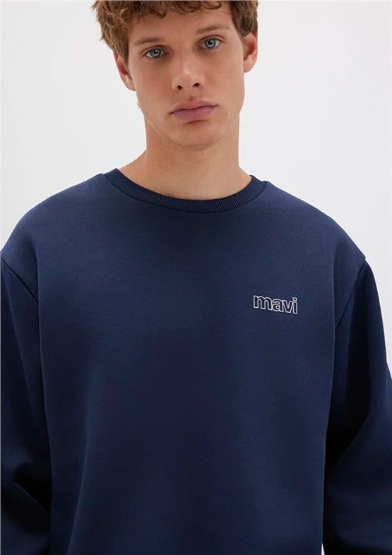 Mavı M0S10379-70488 Koyu Lacıvert Erkek Mavı Logo Baskılı Bısıklet Yaka Oversıze Sweatshırt
