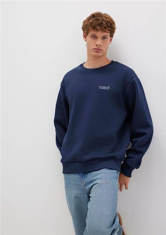 Mavı M0S10379-70488 Koyu Lacıvert Erkek Mavı Logo Baskılı Bısıklet Yaka Oversıze Sweatshırt