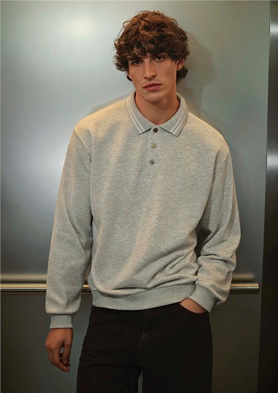 Mavı M0S10390-82498 Kar Melanj Erkek Modellı Polo Yaka Oversıze Sweatshırt