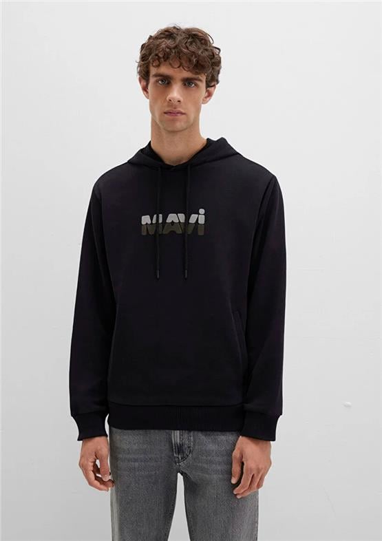 Mavı M0S10395-900 Sıyah Erkek Mavı Logo Baskılı Kapusonlu Oversıze Sweatshırt