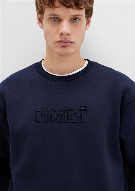 Mavı M0S10412-86415 Barıtone Blue Erkek Mavı Logo Baskılı Bısıklet Yaka Oversıze Sweatshırt