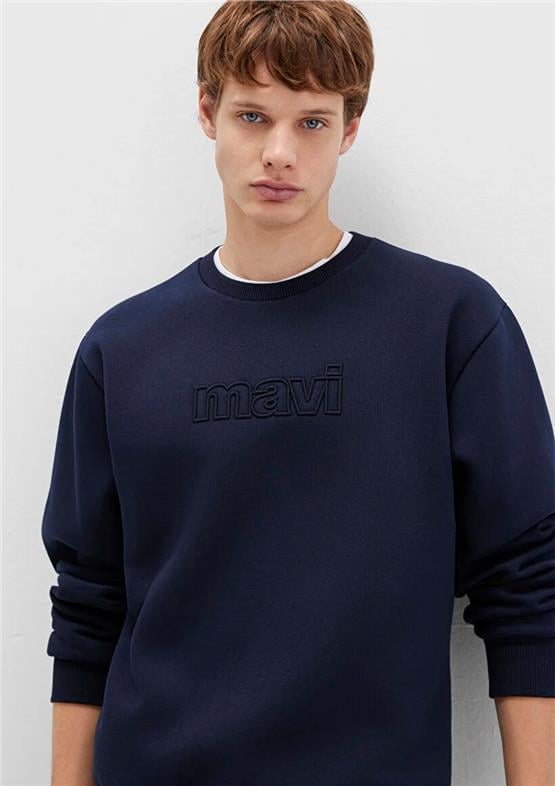 Mavı M0S10412-86415 Barıtone Blue Erkek Mavı Logo Baskılı Bısıklet Yaka Oversıze Sweatshırt