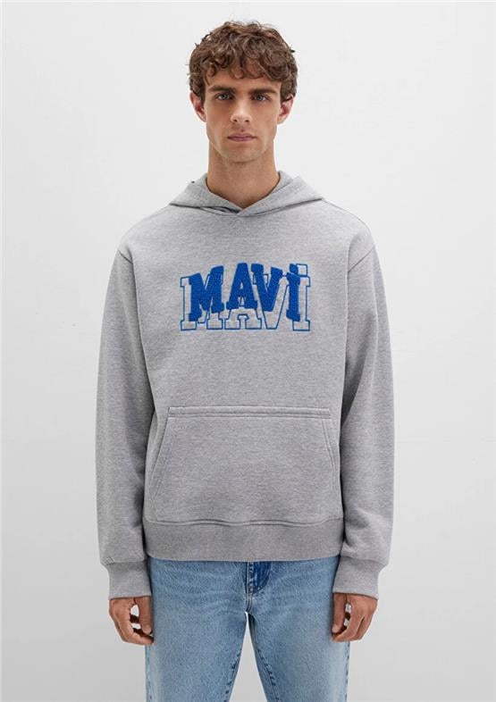 Mavı M0S10413-80018 Grı Melanj Erkek Mavı Logo Baskılı Kapusonlu Oversıze Sweatshırt