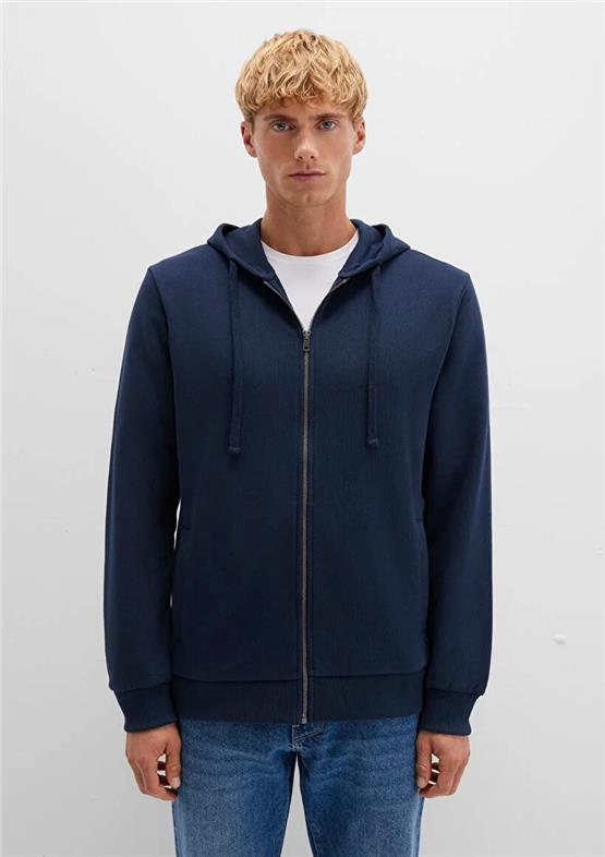 Mavı M0S10423-70490 Gece Lacıvert Erkek Kapusonlu Tam Fermuarlı Regular Basıc Sweatshırt