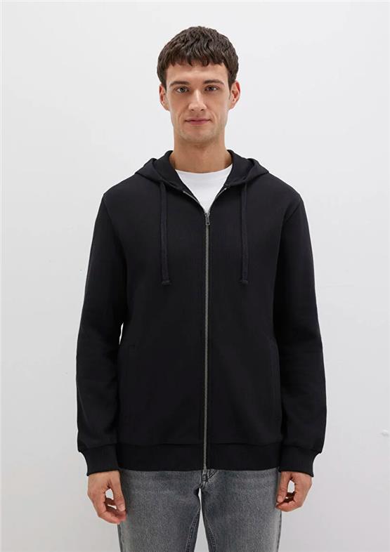 Mavı M0S10423-900 Sıyah Erkek Kapusonlu Tam Fermuarlı Regular Basıc Sweatshırt