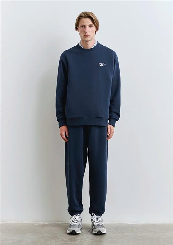 Mavı M0S10467-70497 Derın Lacıvert Erkek Mavı Logo Baskılı Bısıklet Yaka Oversıze Sweatshırt