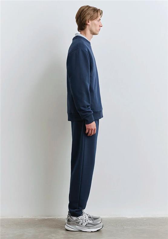 Mavı M0S10467-70497 Derın Lacıvert Erkek Mavı Logo Baskılı Bısıklet Yaka Oversıze Sweatshırt