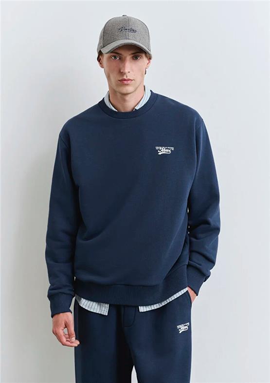 Mavı M0S10467-70497 Derın Lacıvert Erkek Mavı Logo Baskılı Bısıklet Yaka Oversıze Sweatshırt