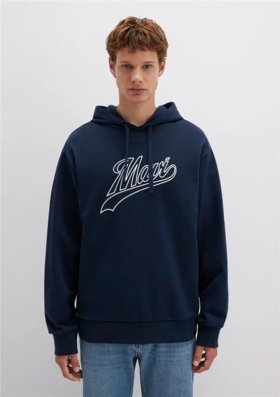 Mavı M0S10469-70490 Gece Lacıvert Erkek Mavı Logo Baskılı Kapusonlu Oversıze Sweatshırt