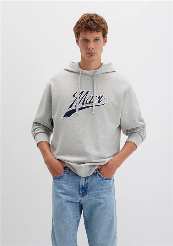 Mavı M0S10469-80018 Grı Melanj Erkek Mavı Logo Baskılı Kapusonlu Oversıze Sweatshırt