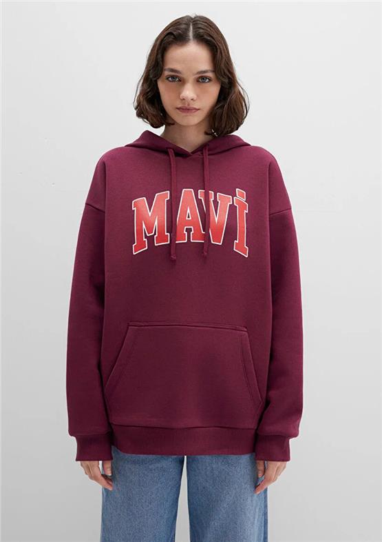 Mavı M1600361-90705 Maroon Banner Kadın Mavı Logo Baskılı Kapusonlu Oversıze Sweatshırt