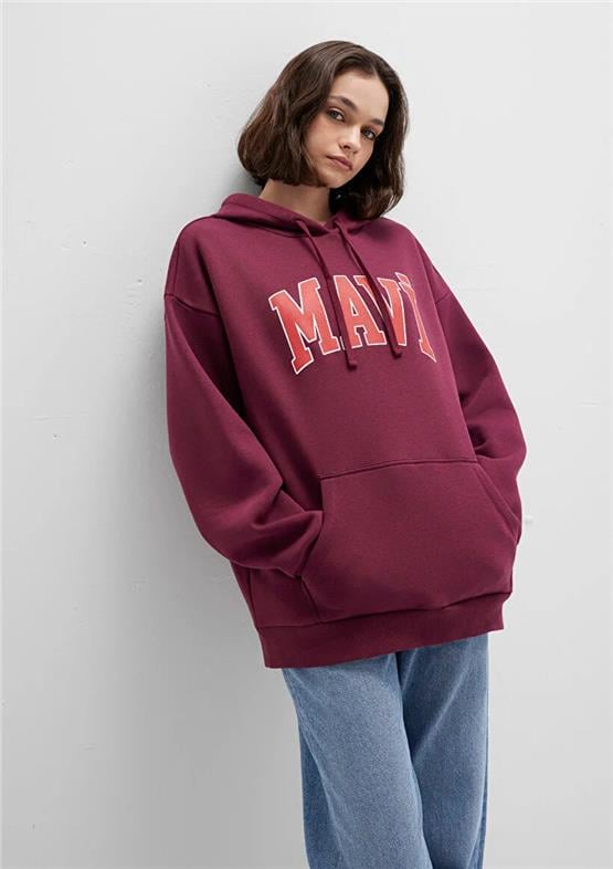 Mavı M1600361-90705 Maroon Banner Kadın Mavı Logo Baskılı Kapusonlu Oversıze Sweatshırt