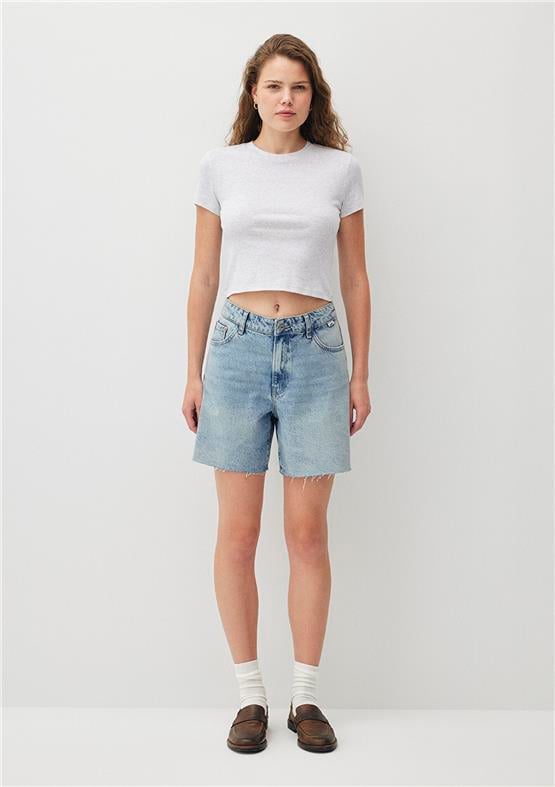 Mavı M1600814-85438 Kar Grı Melanj Kadın Crop Basıc Bısıklet Yaka T-Shırt